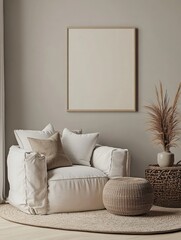 Modern Scandinavian Bedroom Interior with Blank Poster Frame Mockup