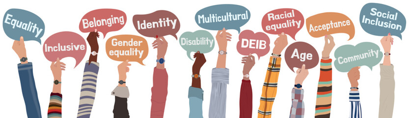 Isolated raised hands of people from diverse cultures holding speech bubbles with words expressing the concept of DEIB - diversity - equality - inclusion - belonging