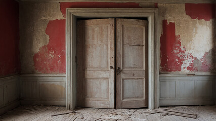Fototapeta premium Old abandoned room with cracked walls and dusty peeling red door and window in vintage atmosphere.