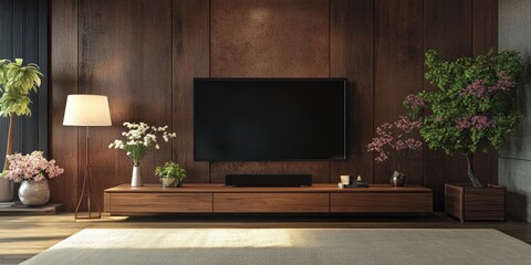 Modern Living Room Interior with Television, Lamp, Table, Plant on Wooden Wall Background