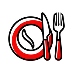 Plate with a leaf symbol, fork, and knife in a red setting for food and dining concept