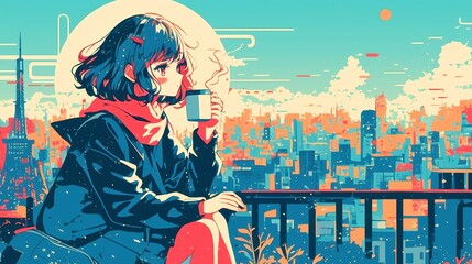 Fototapeta premium City Awakening, vibrant city pop anime scene capturing a young woman on a park bench, enjoying tea, bold outlines, simple colors, warm palette, geometric style.