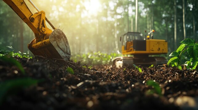 Excavator working in a sunlit forest, showcasing construction and earth movement among green plants and rich soil.
