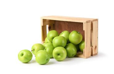 Fresh green apples with wooden crate isolated on white. Clipping path.