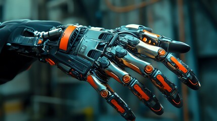 A close-up of a futuristic robotic hand showcasing advanced technology and intricate details in a vibrant industrial setting.