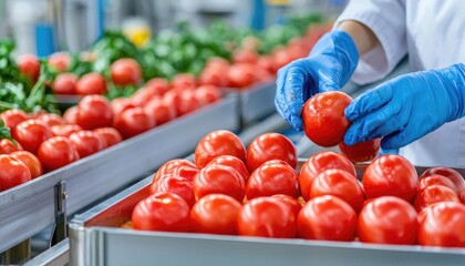 Fresh red tomatoes being sorted in a food processing facility, highlighting quality and hygiene in agricultural practices.