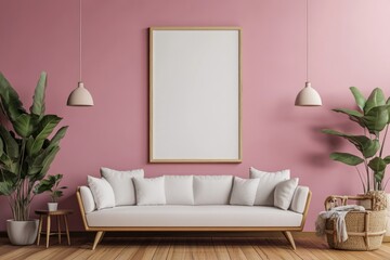 Modern Living Room Interior with Empty Vertical Wooden Frame and Sofa on Pink Background