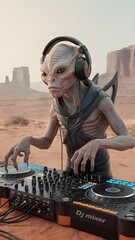 Alien like creature operating DJ mixer in desert landscape Vertical Mobile Wallpaper