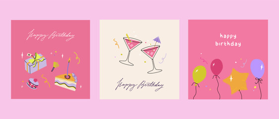 Happy birthday card set. Trendy greeting cards with balloons, cocktails, gift box. Cute and elegant vector illustration templates in simple style