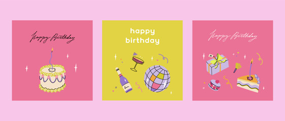 Happy birthday vivid squared card set. Trendy greeting cards with ruffle cake, cocktail, gift box. Cute and elegant vector illustration templates in simple style