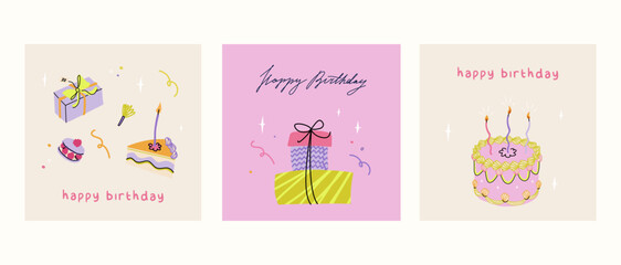 Happy birthday cute squared card set. Trendy greeting cards with pink ruffle cake, gifts, Birthday pipe. Elegant vector illustration templates in simple style
