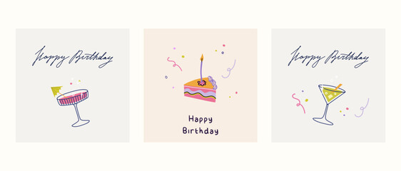 Happy birthday squared card set. Trendy greeting cards with cake slice, martini glass, cocktails. Cute and elegant vector illustration templates in simple style