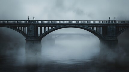 Fototapeta premium An old stone bridge stretches over a river shrouded in thick fog.