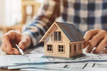 Planning a dream home with architectural blueprints and a model house on a table
