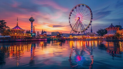 great fair with games and wheel of fortune in a beautiful dramatic sunset