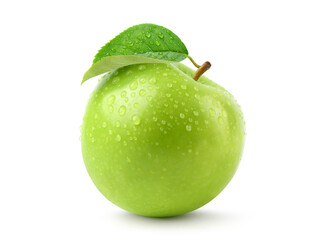 Fresh green apple with leaf and water droplets isolated on white background. Clipping path.