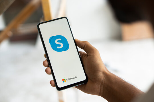 Dhaka, Bangladesh- 19 Sep 2024: Microsoft Skype logo is displayed on smartphone.