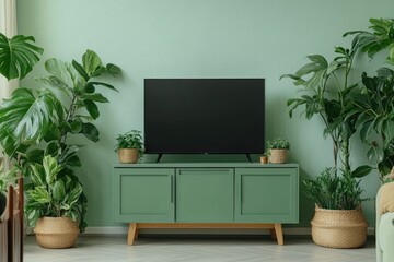 Modern Living Room Interior with TV on Cabinet, Plants, and White Wall