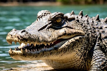 Obraz premium Face of a large crocodile in a large lake