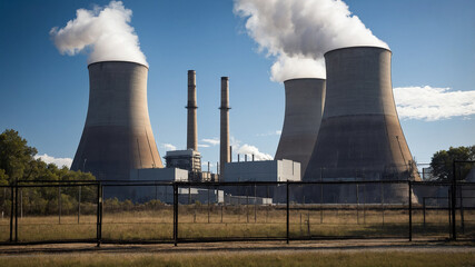 Nuclear power plant with three cooling towers and clear blue sky in the background, emitting white steam.