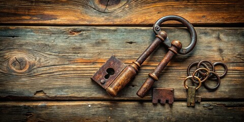 Rustic vintage keys on weathered wooden surface with old locks for antique background