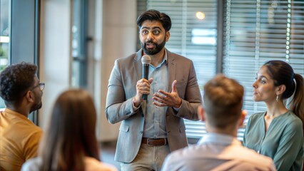 Indian Presenter at Workshop with Diverse Attendees – Indian presenter leading a workshop for a diverse group.	
