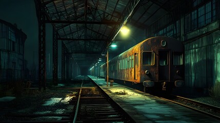 Obraz premium A rusty train car sits on an abandoned platform under an old train shed.