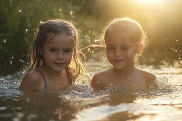 Obraz premium Summer Memories. Light Reflection on Water with Sisters in Stock Photo