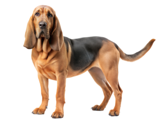 Bloodhound dog standing and looking at camera, isolated on a white background