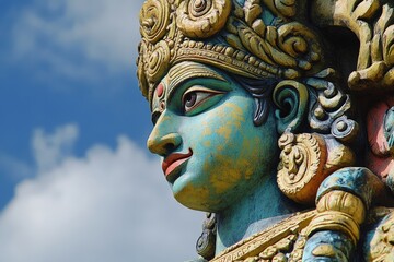 Obraz premium Sun God Statue: Vibrant Sculpture of Hindu Surya Against Blue Sky