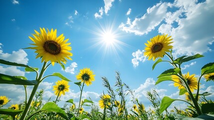 A picturesque scene of sunflowers standing tall under the bright sky
