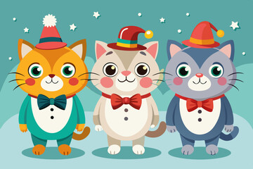 Obraz premium Adorable cartoon character cats wearing festival hats VECTOR illustration 