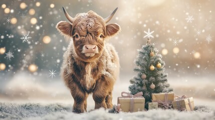 An endearing highland calf stands in a snowy landscape adorned with holiday decorations, capturing the essence of the winter festive spirit.