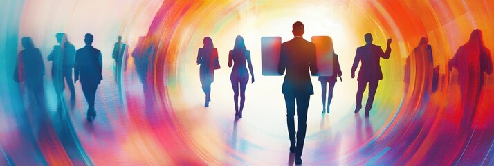 Obraz premium A vibrant illustration of business people walking through a circular pattern, with the silhouette of one person standing out in focus amidst blurred figures Generative AI