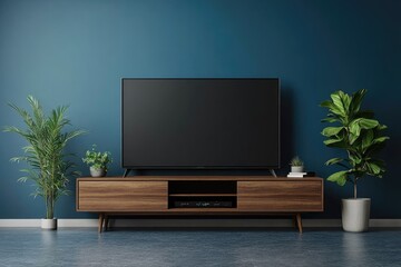 Modern TV Cabinet in Elegant Living Room on Blue Wall Background