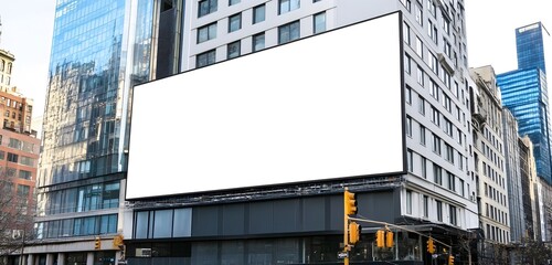 Obraz premium Sleek Modern Building Featuring a Prominent Blank Billboard, Ideal for Eye-Catching Urban Advertisements.