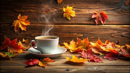Warm cozy fall vibes with steaming coffee cup and autumn leaves on rustic wood background