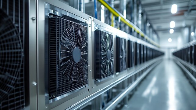 A row of industrial fans are lined up in a factory. The fans are black and silver, and they are all turned off. Concept of efficiency and organization, as the fans are neatly arranged in a row - Powered by Adobe