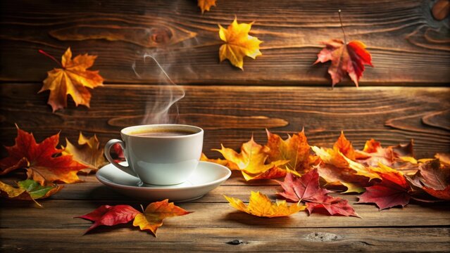 Warm cozy fall vibes with steaming coffee cup and autumn leaves on rustic wood background