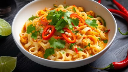 A bowl of coconut curry noodles in creamy sauce, garnished with fresh coriander and chopped red chili pepper, squeezed lime juice adds extra piquancy.