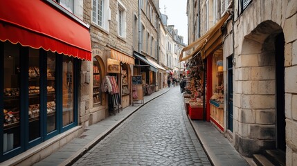 Fototapeta premium Narrow cobblestone street lined with quaint shops with awnings in an old town, featuring a mix of shopping displays, buildings with stone facades, and people in the distance.