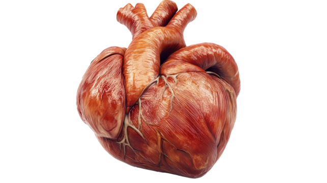 Detailed anatomical image of a human heart showing intricate structures and vessels, perfect for medical, educational, and scientific purposes.