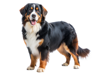Bernese mountain shepherd dog panting with tongue out and looking at camera, isolated on white background 