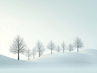 Fototapeta premium A serene landscape featuring snow covered trees on gentle hills, creating tranquil winter scene. soft sunlight enhances peaceful atmosphere, inviting calmness and reflection
