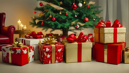 Obraz premium Gift boxes tied with ribbon stand under a fir tree on Christmas Eve.