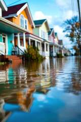 Obraz premium A row of homes with floodwaters receding, showing the extensive damage left behind in the aftermath