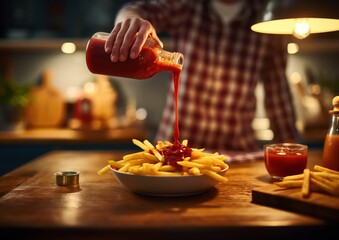 Close-up of a person pouring ketchup over a plate of fries, set on a wooden table in a cozy kitchen, evoking a warm and homely atmosphere perfect for comfort food concepts.