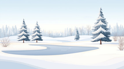 Fototapeta premium A serene winter landscape featuring snow covered trees and frozen lake, creating peaceful and tranquil atmosphere. soft colors enhance beauty of snowy scene