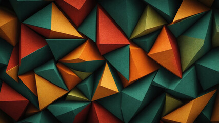 Fototapeta premium Colorful abstract geometric pattern radiating from the center with varied shades of red, green, and yellow.