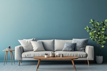 Stylish Scandinavian Interior Design with Modern Sofa and Wooden Coffee Table against Blue Wall